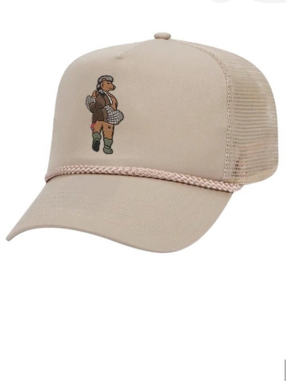 Beige Trucker Hat with Embroidered Character - Women's Casual Cap